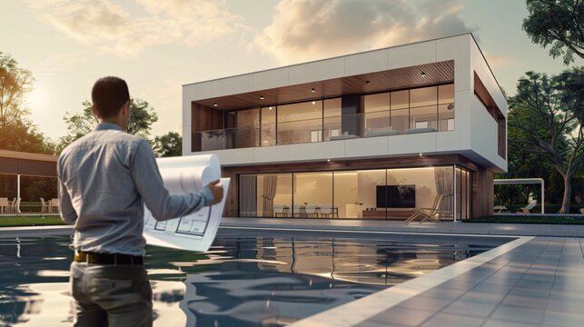 Architect reviewing blueprints by the pool of a modern home