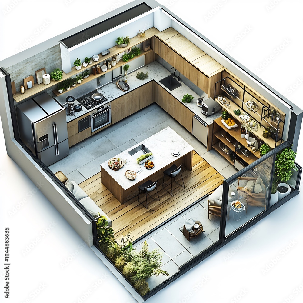 Poster 3d topdown view of contemporary kitchen with an island open shelving units and a large fridge compre