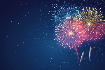 Fototapeta premium Festive firework in night sky. Vibrant colorful fireworks on dark background for celebrating holidays