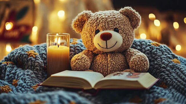 A brown teddy bear sits with a book and a lit candle on a blue blanket in a cozy setting