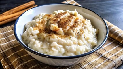Delicious homemade rice pudding topped with cinnamon placed on a checkered cloth in a cozy kitchen setting