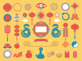 2025 snake and Chinese new year icon set, vector, illustration