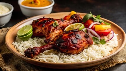 Fototapeta premium Deliciously grilled tandoori chicken served on fragrant basmati rice with fresh veggies and lime slices