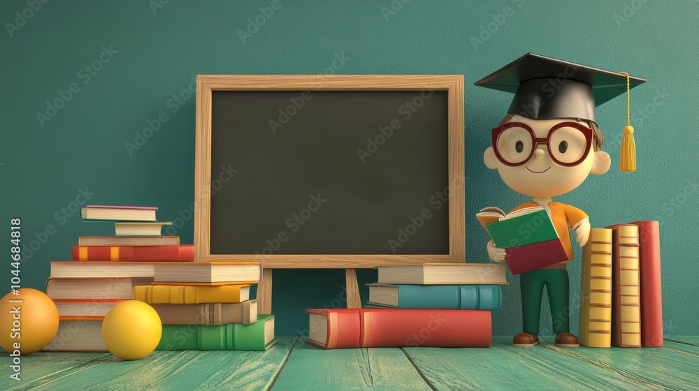 Leinwandbilder a young student joyfully reads while standing next to a stack of colorful books and a blackboard in 