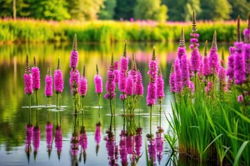 Tall pink purple flowers standing in a green field