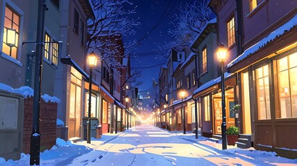 A peaceful snowy street at night, lined with glowing windows and lampposts, creating a cozy and inviting atmosphere.
