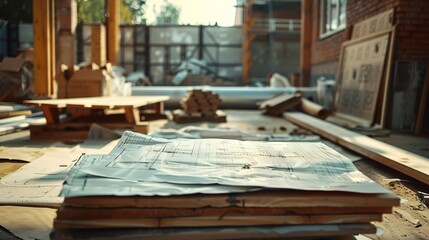 Architectural Plans on Construction Site