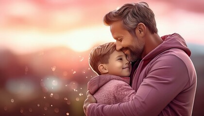 Fototapeta premium A loving father joyfully holds his child, capturing the warmth and happiness of their special bond in a beautiful family moment