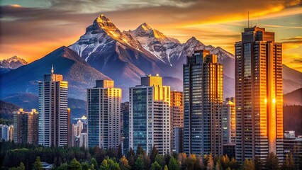 Naklejka premium Tall skyscrapers next to a mountain at sunset