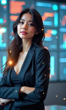 business woman in front of stock market charts.