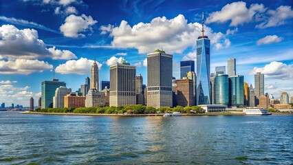 Fototapeta premium Silhouette of Downtown Manhattan skyline viewed from Governors Island