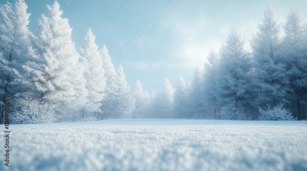 Poster a snowy field with trees in the background