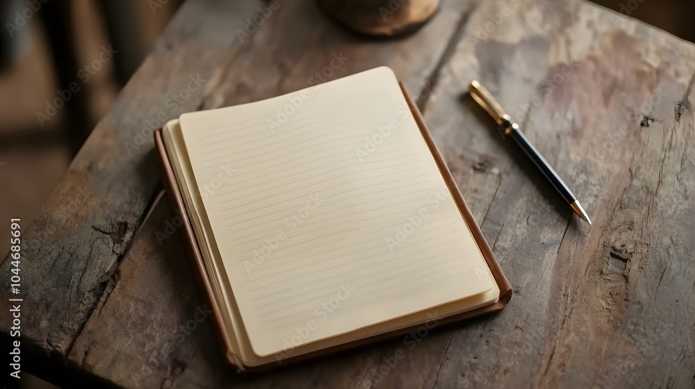 Poster an empty notebook lies open on a rustic wooden table beside a pen, inviting thoughts and ideas.
