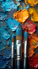 Fototapeta premium Close-up of Vibrant Oil Paints and Brushes Revealing the Artistry of Creative Expression