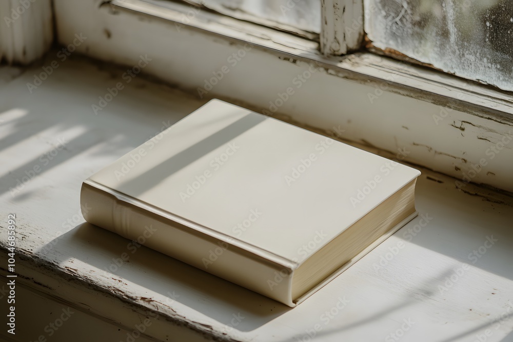 Poster a minimalist book rests on a windowsill, illuminated by soft light, highlighting its simple design a