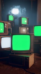 A collection of vintage televisions with green screens, creating a surreal atmosphere against a dark background.