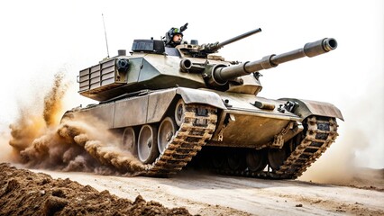 Tank armored vehicle moving across rugged terrain