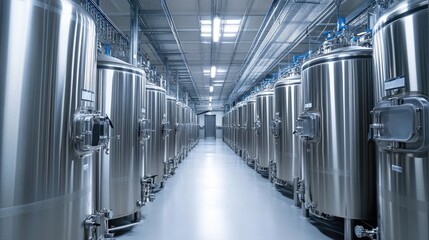Rows of stainless steel tanks in a warehouse. Perfect for illustrating industrial production or manufacturing processes.