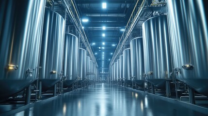 Rows of large metal tanks inside a factory. This photo depicts the production process of a large-scale manufacturing facility, showcasing the industrial environment.