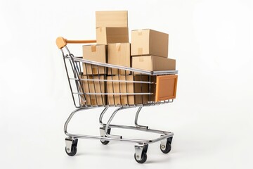A shopping cart filled with brown cardboard boxes.