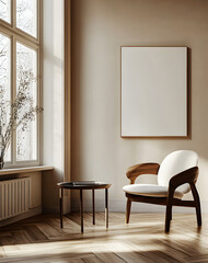 Frame mockup in contemporary minimalist beige room interior, 3d render