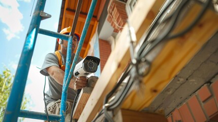 Construction Worker Installing Security Camera on Scaffolding