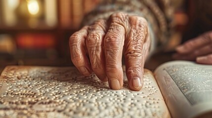 Elderly hand reading braille on an open book in a warm, dimly lit room.