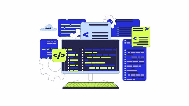 Programming computing 2D object animation. Back-end development cartoon 4K video, alpha channel. Backend program coding. Computer keyboard with syntax codes animated flat item on white background