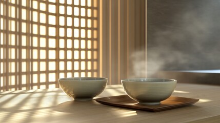 Elegant Ramen Bowls with Soft Light and Modern Background