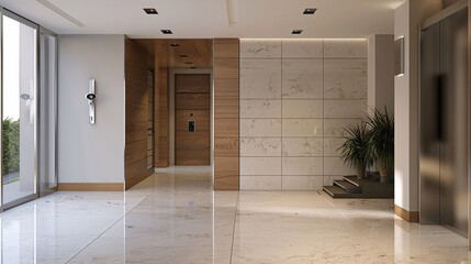 Modern Lobby Interior with Marble Walls, Wooden Accents, and an Elevator