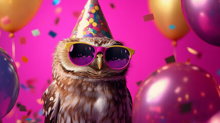 Party animal! Colorful photo of funny, happy owl on pink fuchsia background. Ballons, confetti, happy mood. Birthday celebration horizontal banner