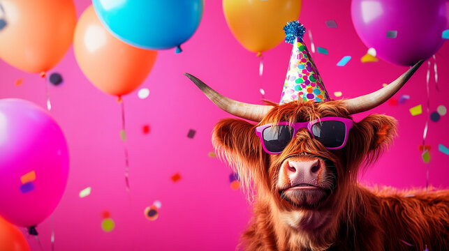 Party animal! Colorful photo of funny, happy highland cow on pink fuchsia background. Ballons, confetti, happy mood. Birthday celebration horizontal banner