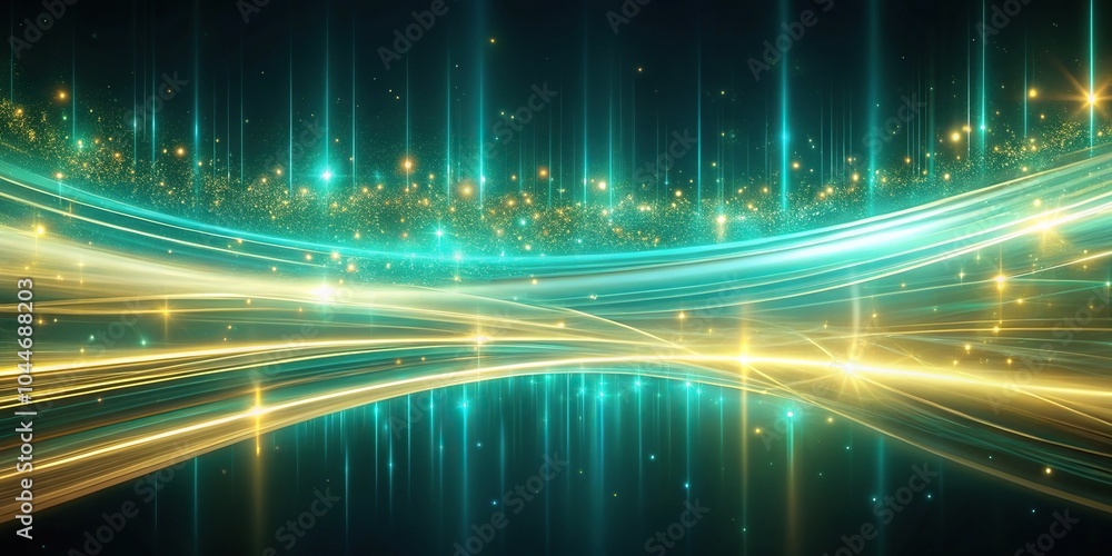 Poster teal and gold abstract light streaks with bokeh shot in wide-angle format.