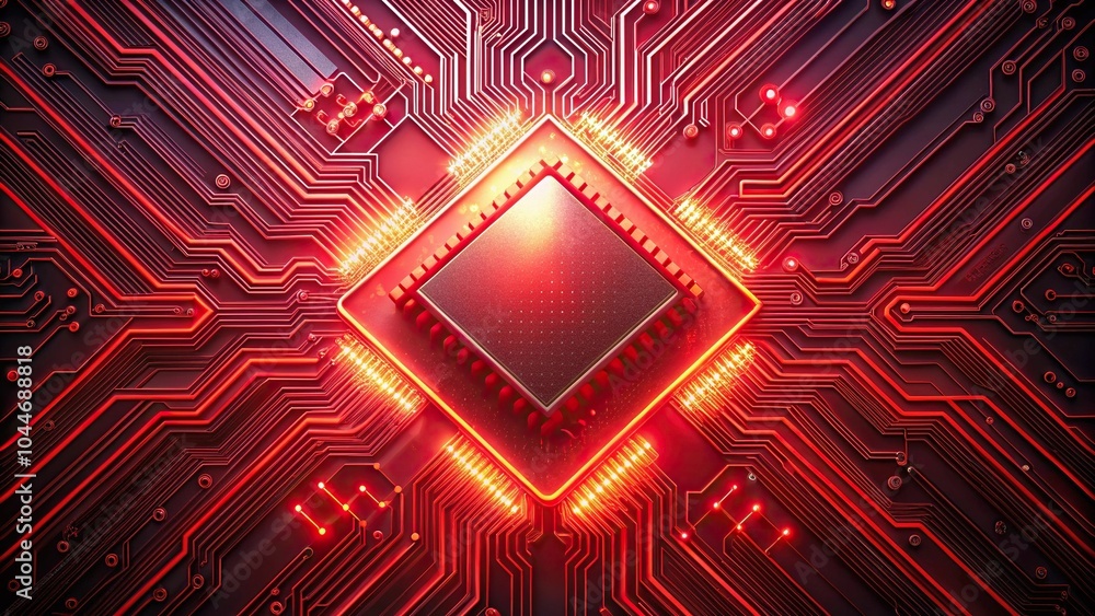 Poster technological microchip glowing in red light on futuristic background