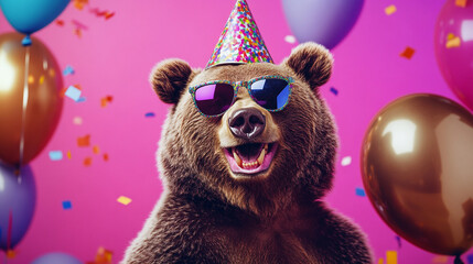 Party animal! Colorful photo of funny, happy grizzly bear on pink / fuchsia background. Ballons, confetti, happy mood. Birthday celebration horizontal banner