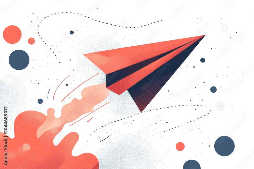 Poster creative graphic of a paper airplane launching into the air with colorful splashes and abstract shap