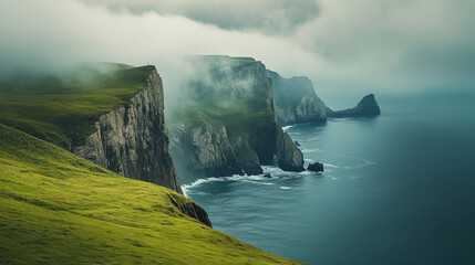 Dramatic coastal cliffs in misty landscape by the ocean