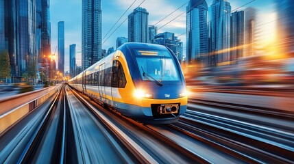 Fototapeta premium High-Speed Train Traveling Through Modern Cityscape with Skyscrapers and Motion Blur at Sunset