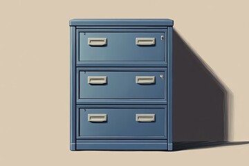 Blue metal file cabinet with 3 drawers. Perfect for illustrating office work, organization, or storage.