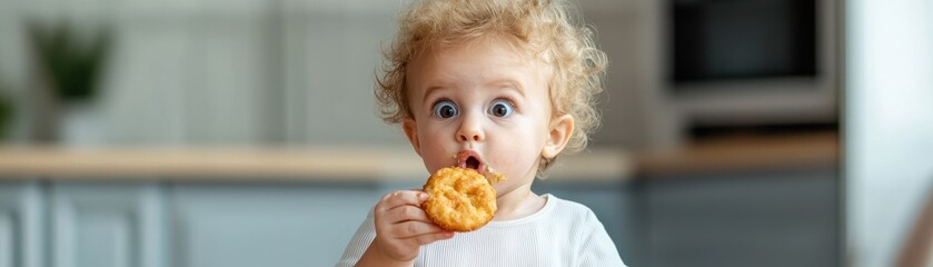 Naklejka premium Surprised child enjoying a cookie in a bright kitchen setting.