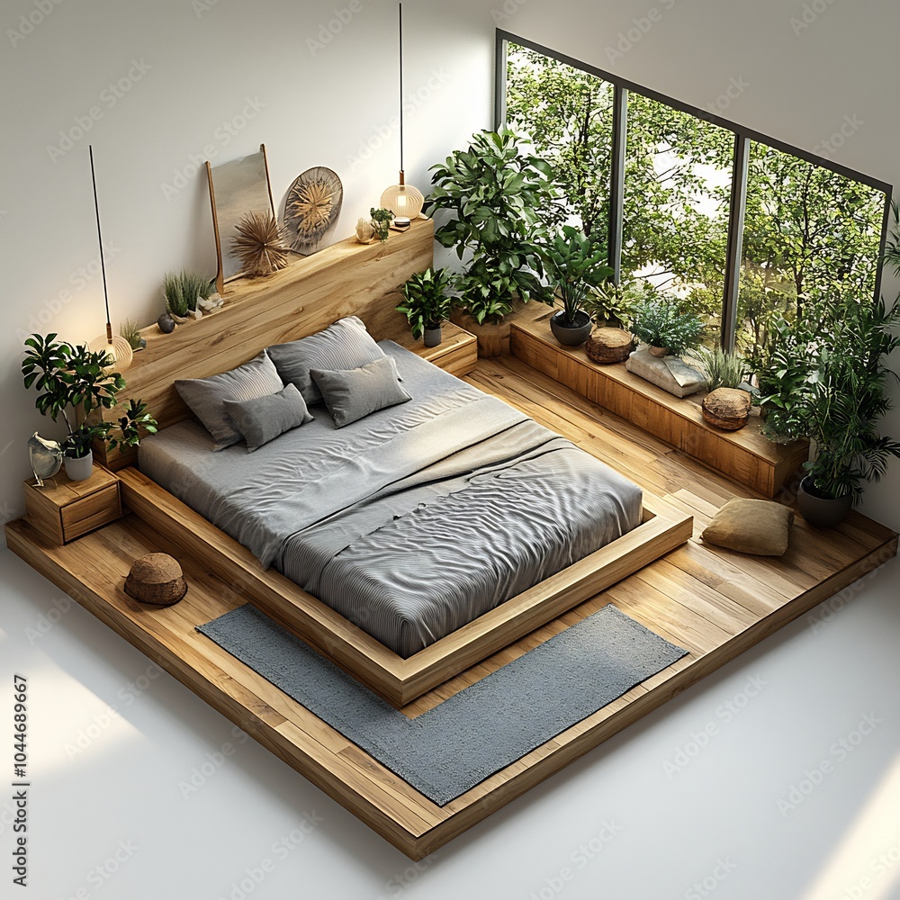 Poster 3d topdown view of minimalist bedroom showcasing a lowprofile platform bed with sparse furnishings a
