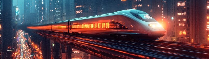 Futuristic High-Speed Train Gliding Through a Neon-Lit Urban Cityscape at Night with Skyscrapers