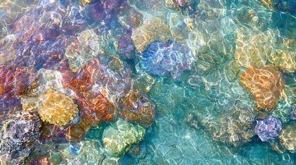 Abstract view of the seafloor with clear water, colorful stones, and sunlight shining through.