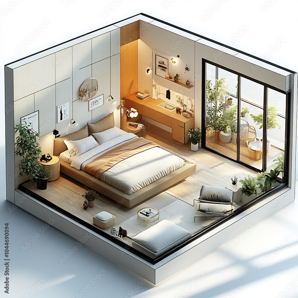 Poster 3d topdown view of minimalist bedroom showcasing a lowprofile platform bed with sparse furnishings a