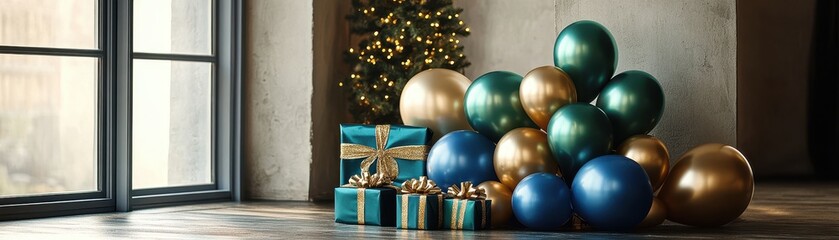 Festive Holiday Scene with Colorful Balloons and Wrapped Gifts by a Decorated Christmas Tree in a Cozy Room