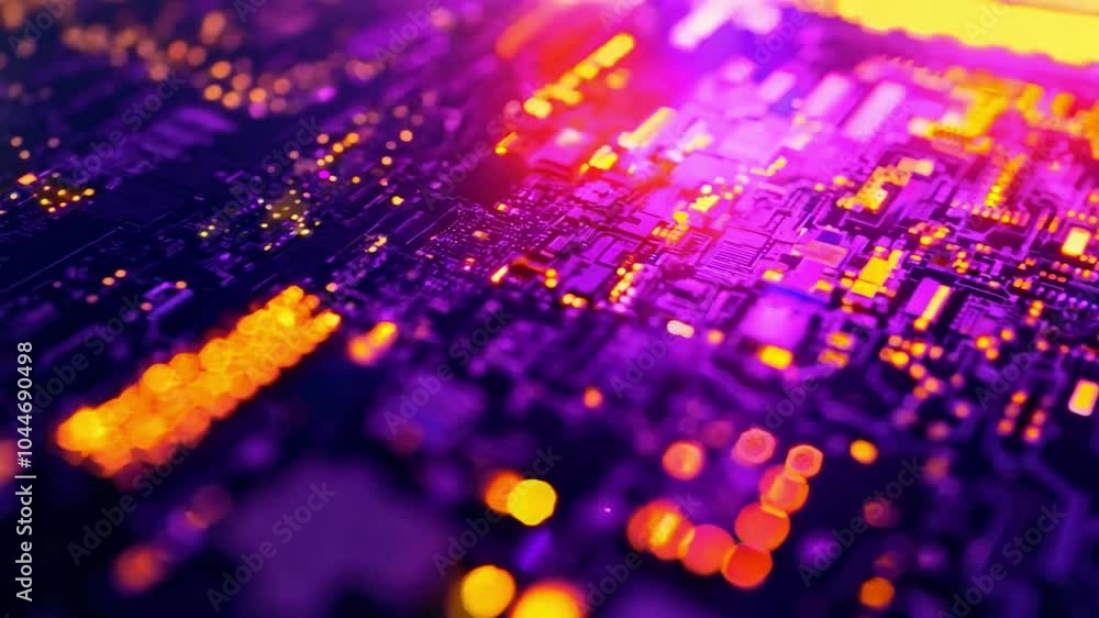 Poster abstract close-up of a colorful circuit board illustrating electronic components with glowing elemen