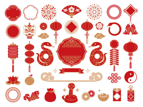 2025 snake and Chinese new year icon set, vector, illustration