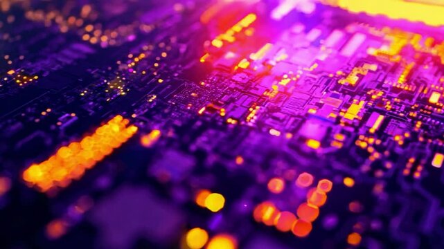 Abstract close-up of a colorful circuit board illustrating electronic components with glowing elements