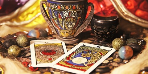 A deck of tarot cards is on a table with a cup and a bowl. The cards are arranged in a way that they are facing the viewer, and the cup and bowl are placed in the background