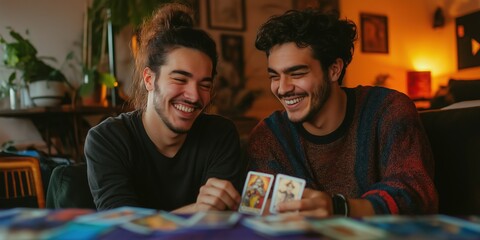 Two men are playing a card game, smiling and laughing. Scene is lighthearted and fun